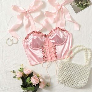 SHEIN Pink Satin Top with Lace-Up Detail